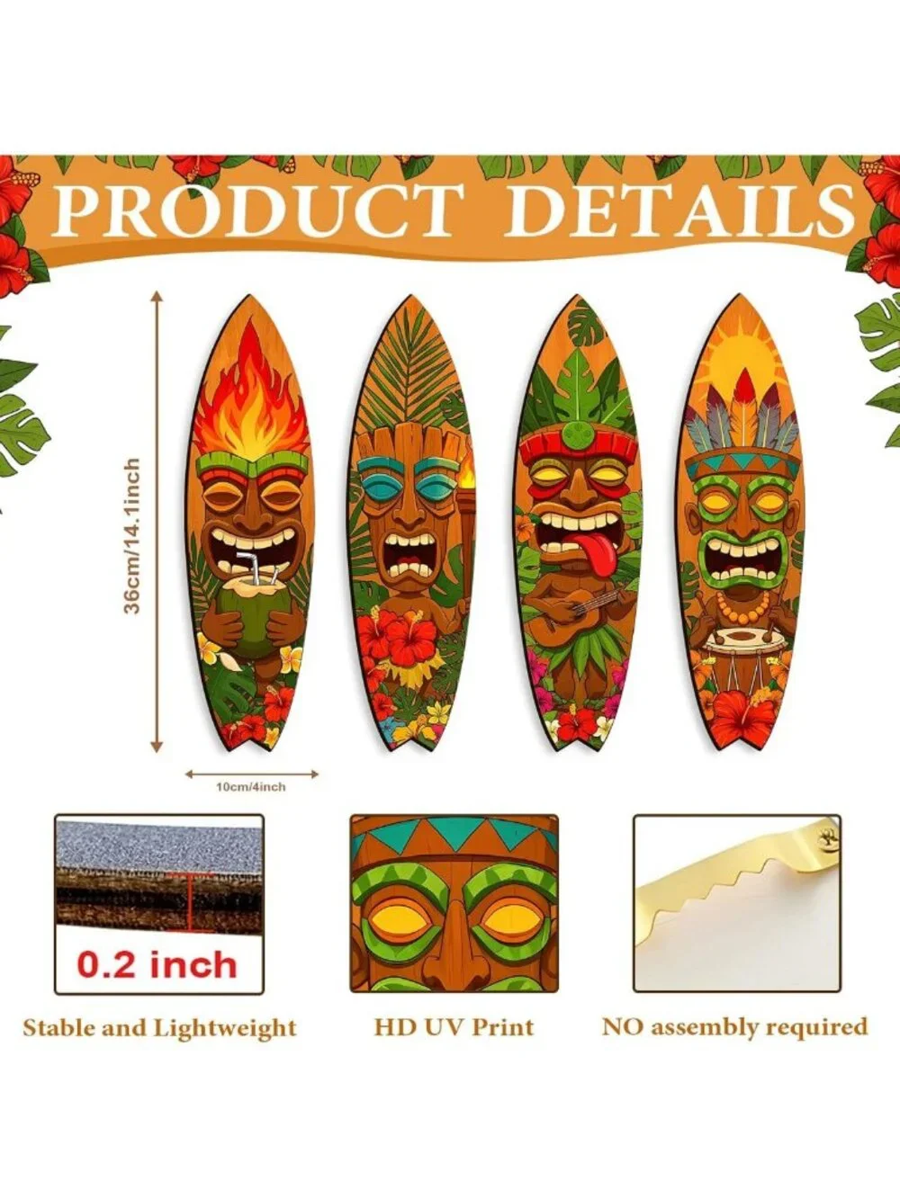 Rustic Surfboard Wall Decor Set of 4, Funny Tiki Bar Party Sign, Farmhouse Art